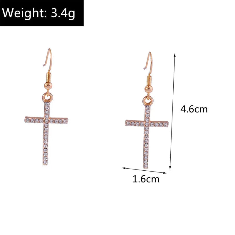 Fashion Zircon Crystal Cross Earrings for Women Men Gothic Punk Hip Hop Jesus Crucifix Dangle Earring Christian Party Jewelry