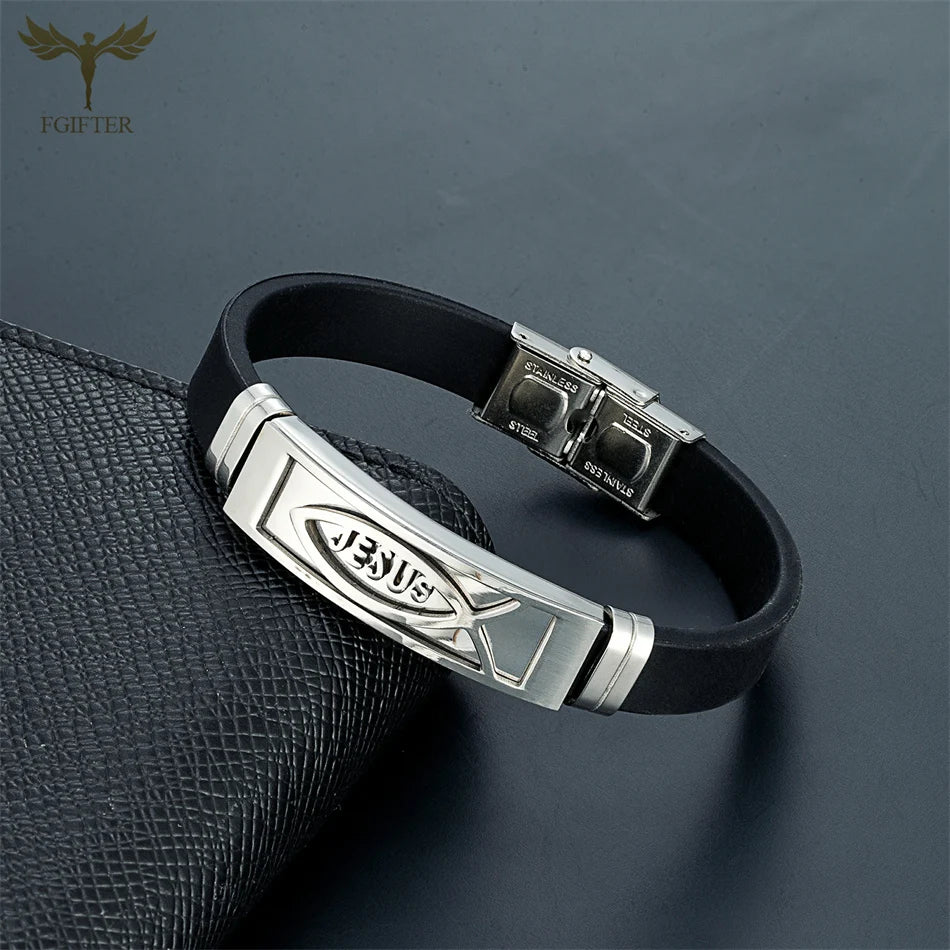 Christian Jesus Fish Cross Bracelet Ichthys Ichtus Symbol Stainless Steel Accessories Silicone Wristband Washable Summer Jewelry