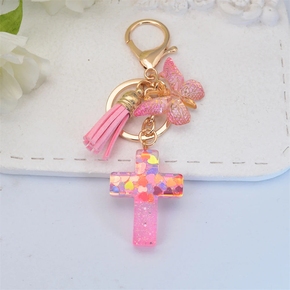 Colorful Sequin Filled Resin Cross Keychain Exquisite Butterfly Pendant Keyring for Women Handbag Accessories Christianity Gift