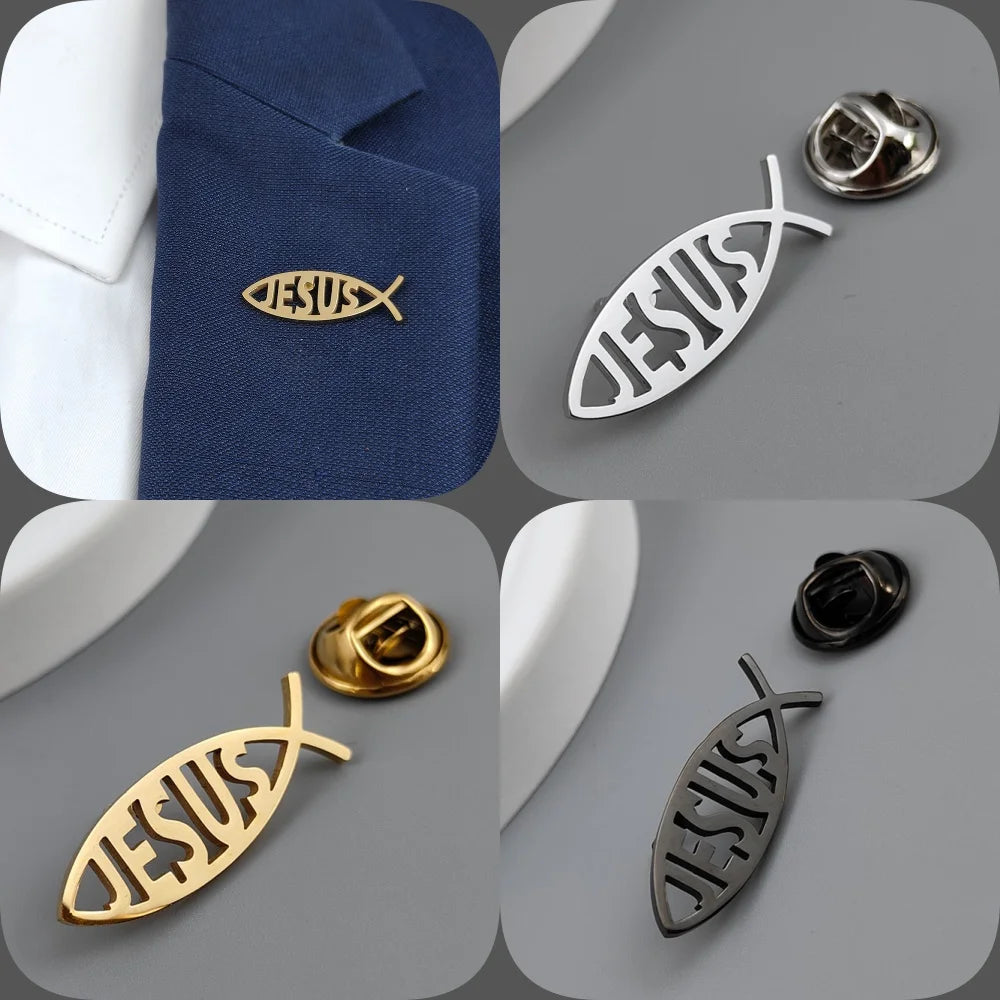 Stainless Steel Jesus Letter Fish Brooch Men's Shirt Suit Badge Pins Fashion Jewelry Accessories Religious Christian Gift