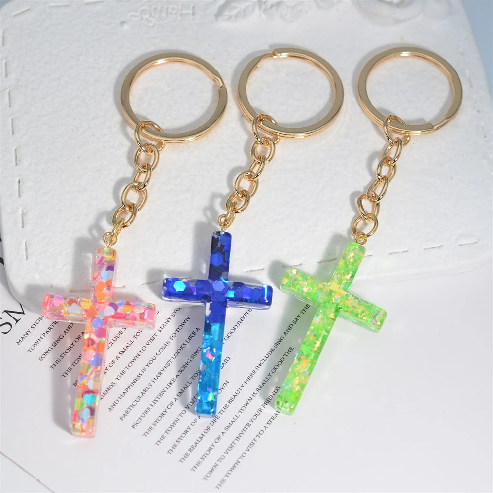 Fashion Multicolor Acrylic Cross Keychain Dry Flower Star Fill Resin Keyring for Women Men Car Bag Phone Pendant Christian Gifts