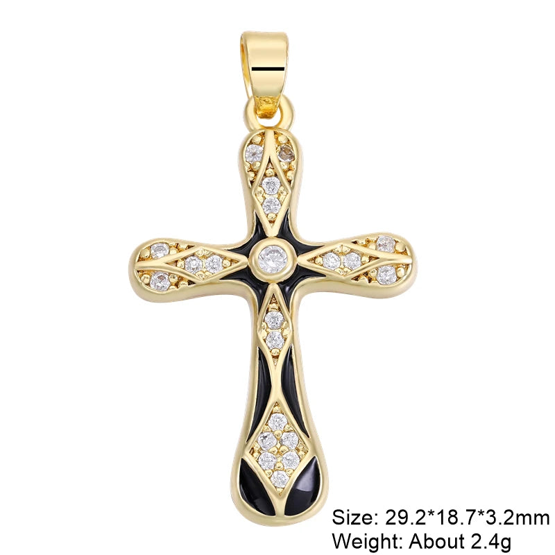 18K Real Gold Plated Enamel Cubic Zirconia Christian Cross Charms For DIY Religious Christmas Pendant Rosary Jewelry Making