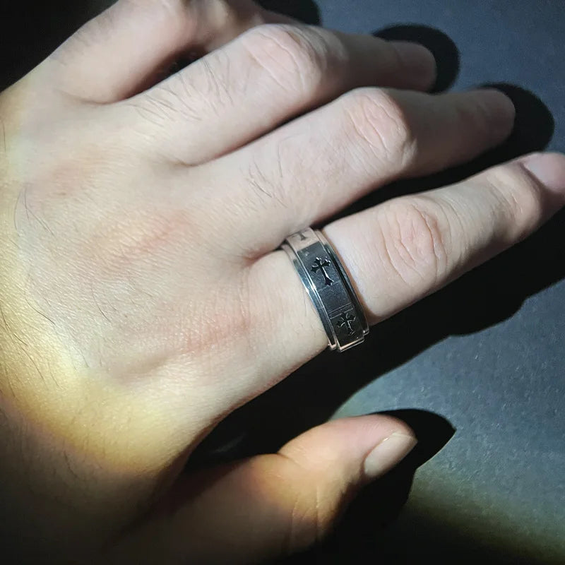 Rotatable Metal Cross Ring For Men Women Silver Color Stainless Steel Ring Punk Gothic Simple Accessories Christian Jewelry Gift
