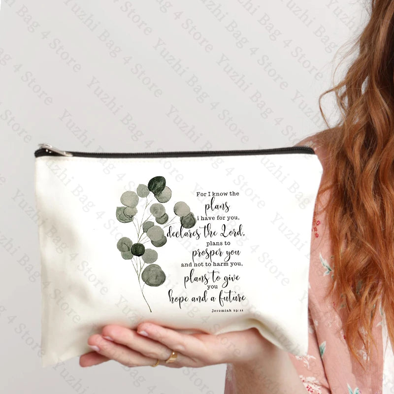 Bible Scripture Jeremiah 29:11 for I Know The Plans Watercolor Eucalyptus Leaf Pattern Makeup Cosmetic Bag Christian Religious