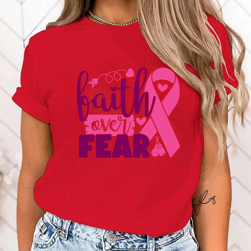 Hot Breast Cancer Awareness Faith Over Fear Graphic T Shirt Women'S Fashion T-Shirts Short Sleeve Shirts