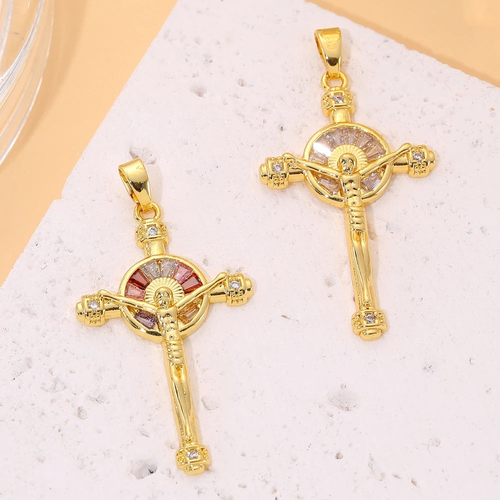 18K Real Gold Plated Enamel Cubic Zirconia Christian Cross Charms For DIY Religious Christmas Pendant Rosary Jewelry Making