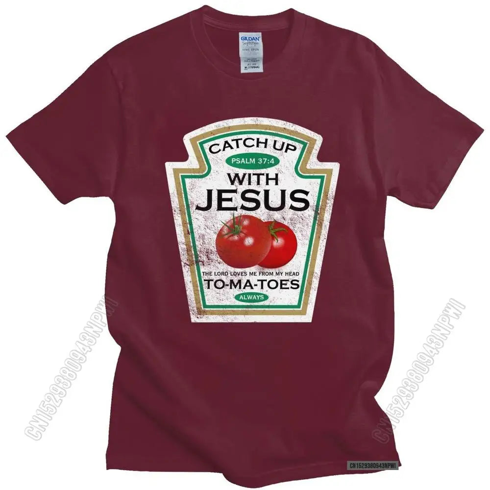 Funny Catch Up With Jesus T Shirt Men Vintage Vegan Tomato T-Shirt Christian Gift Veganism O-Neck Cotton Tee Merchandise