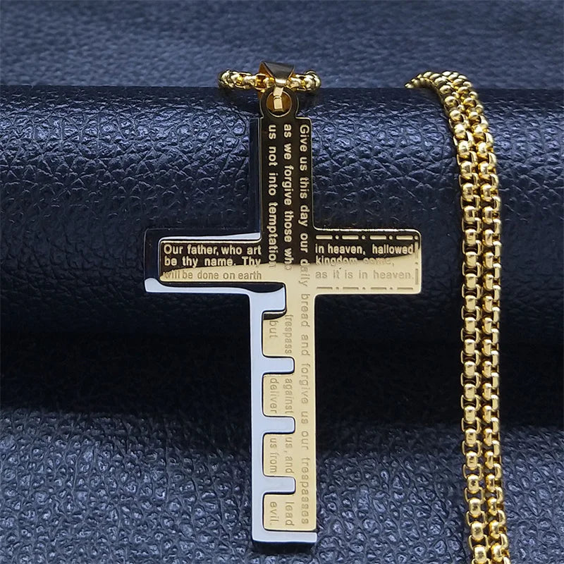 Cross Christian Church Prayer Necklace Men Stainless Steel Gold Color Bible Amulet Necklaces Jewelry