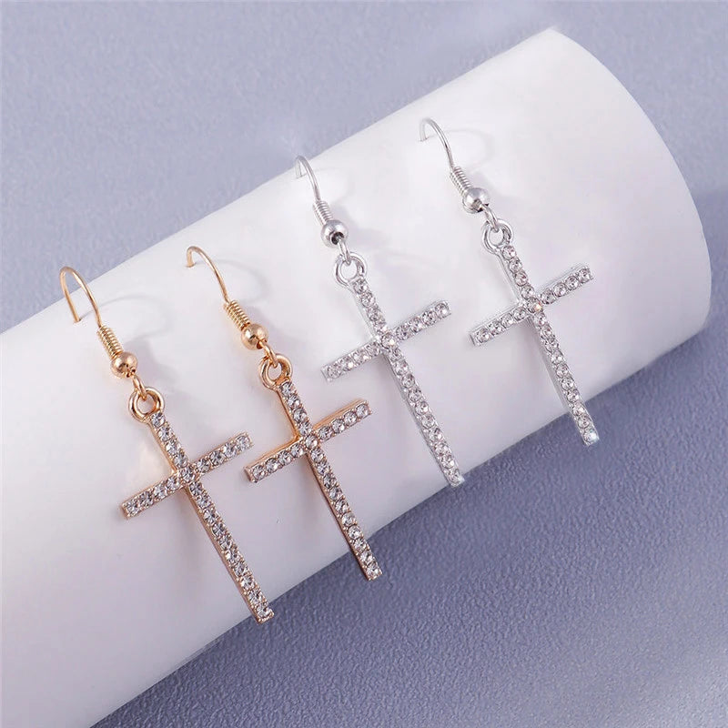 Fashion Zircon Crystal Cross Earrings for Women Men Gothic Punk Hip Hop Jesus Crucifix Dangle Earring Christian Party Jewelry