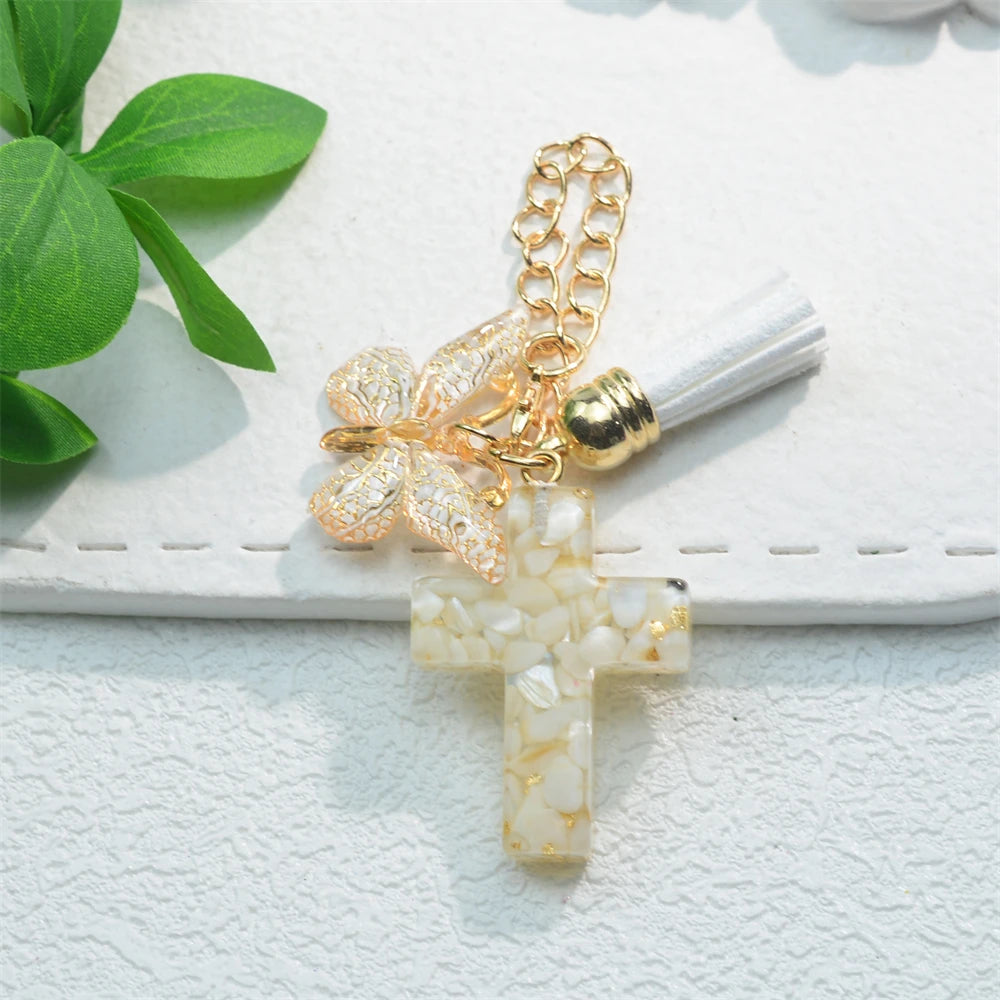 Colorful Sequin Filled Resin Cross Keychain Exquisite Butterfly Pendant Keyring for Women Handbag Accessories Christianity Gift