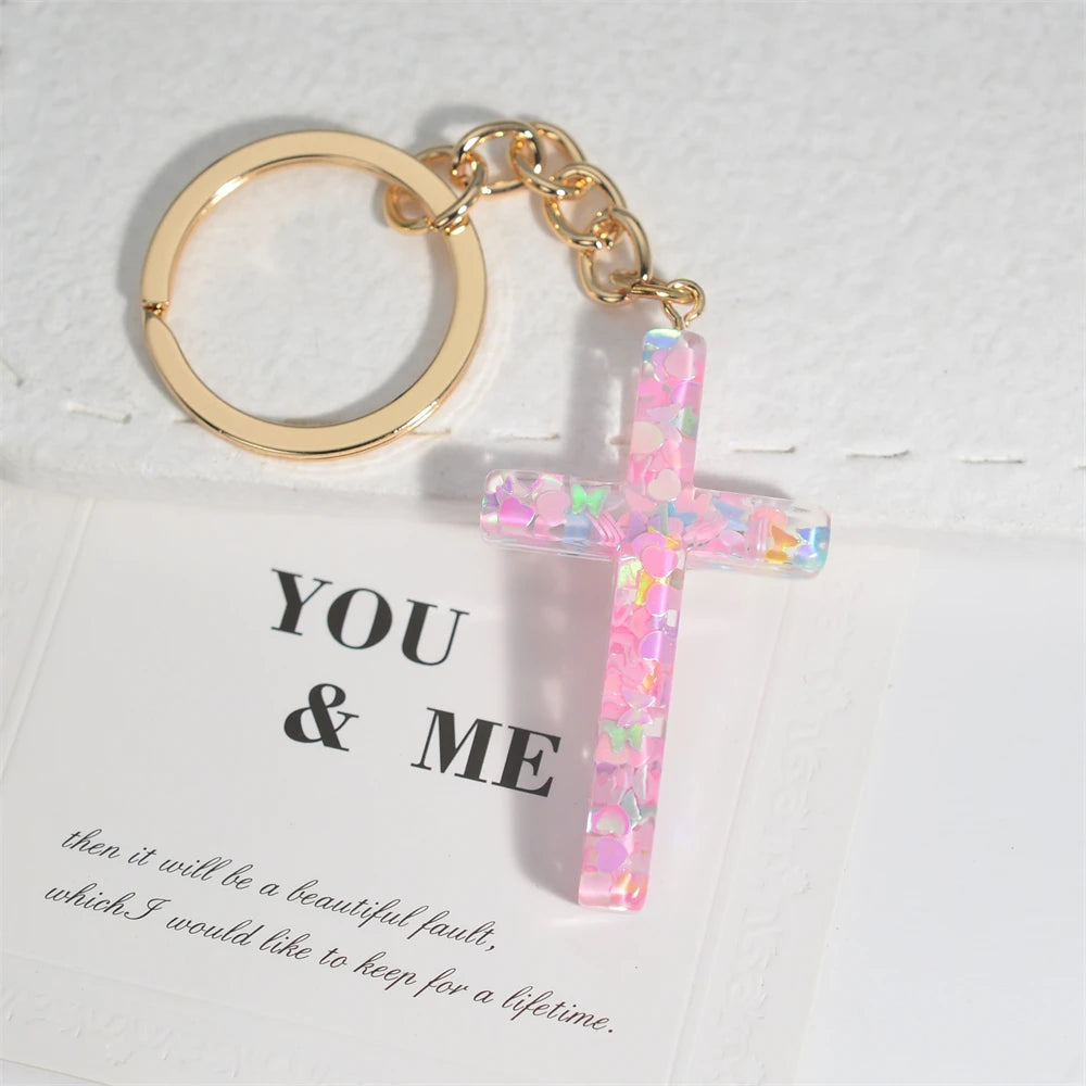 Colorful Sequin Filled Resin Cross Keychain Exquisite Butterfly Pendant Keyring for Women Handbag Accessories Christianity Gift