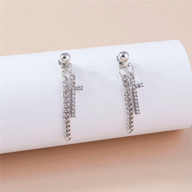 Fashion Zircon Crystal Cross Earrings for Women Men Gothic Punk Hip Hop Jesus Crucifix Dangle Earring Christian Party Jewelry