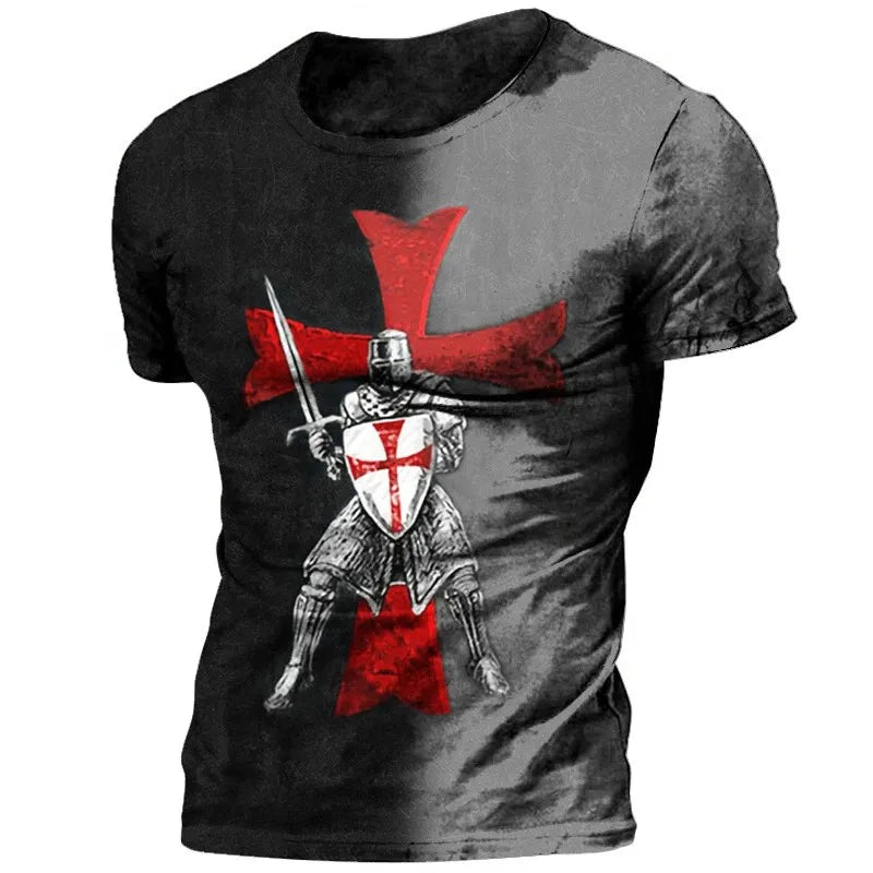 Templar 3D Printed Jesus Christ Cross Men's Retro Street Oversized Casual Loose Comfortable Round Neck Short Sleeve T-shirt Tops