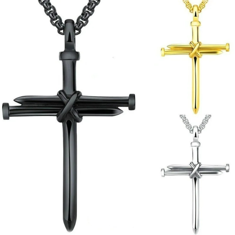 Mens Jewellery Black Stainless Steel Necklace Men Nail Cross Pendant Chain Necklace Christian Church Accessories Collar