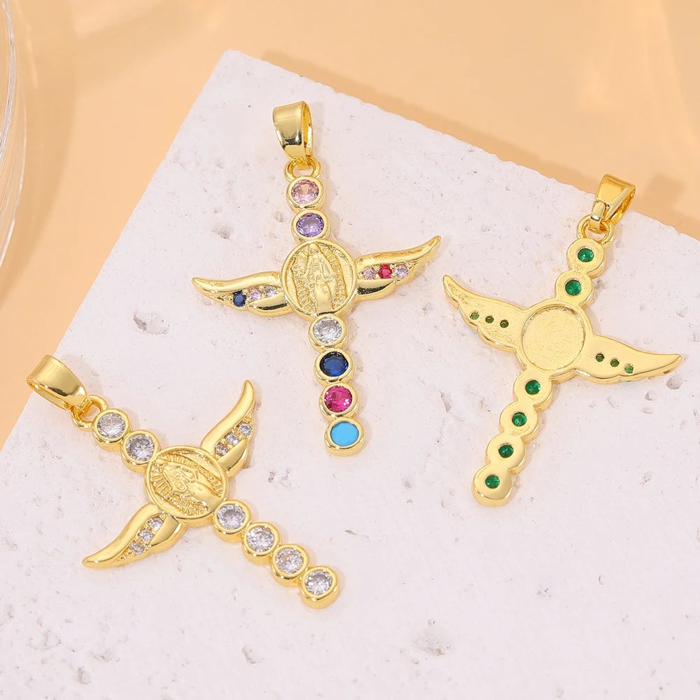 18K Real Gold Plated Enamel Cubic Zirconia Christian Cross Charms For DIY Religious Christmas Pendant Rosary Jewelry Making
