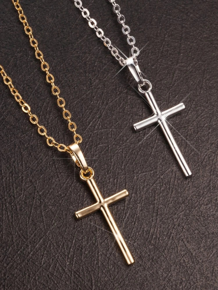 Fashion Christian Jesus Cross Necklaces Silver Color Long Chain Simple Pendants For Women Men Jewelry Gifts