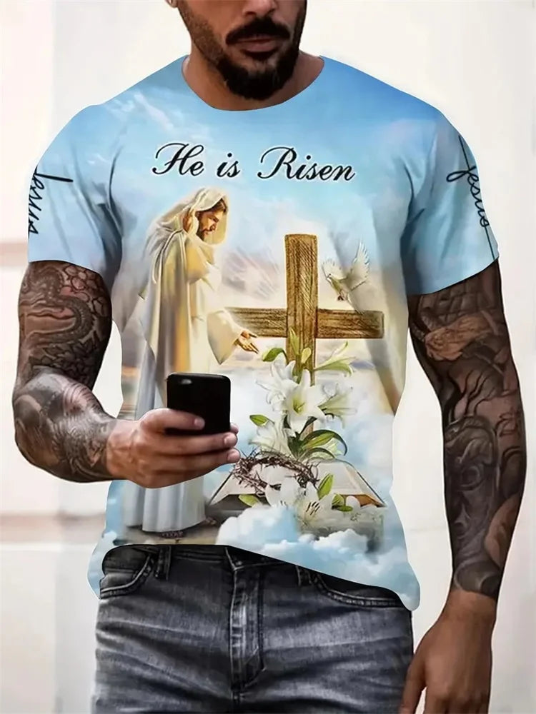 Cross Warrior With Lion Print Fashion Comfort Men's T-shirt Outdoor Street Trend Fashion Men's Top Jesus Print Men's Y2K Top