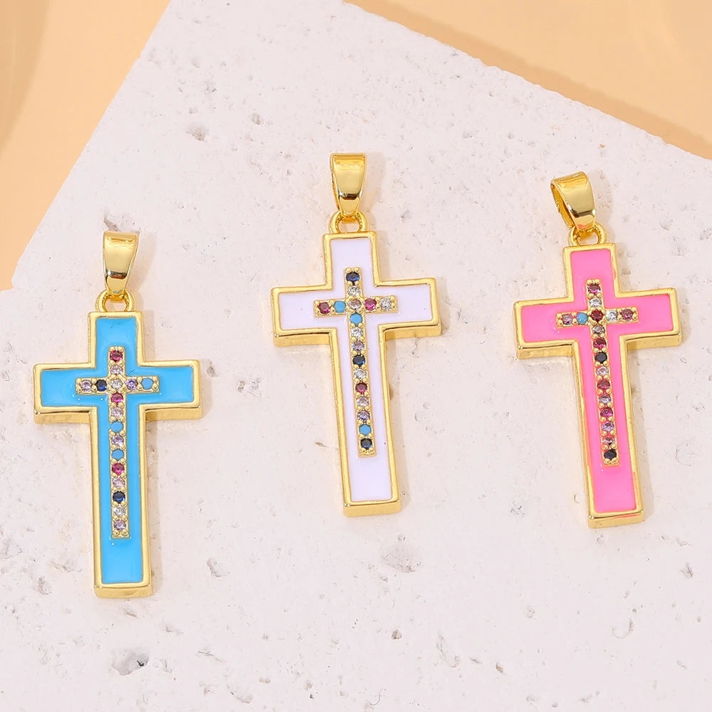 18K Real Gold Plated Enamel Cubic Zirconia Christian Cross Charms For DIY Religious Christmas Pendant Rosary Jewelry Making