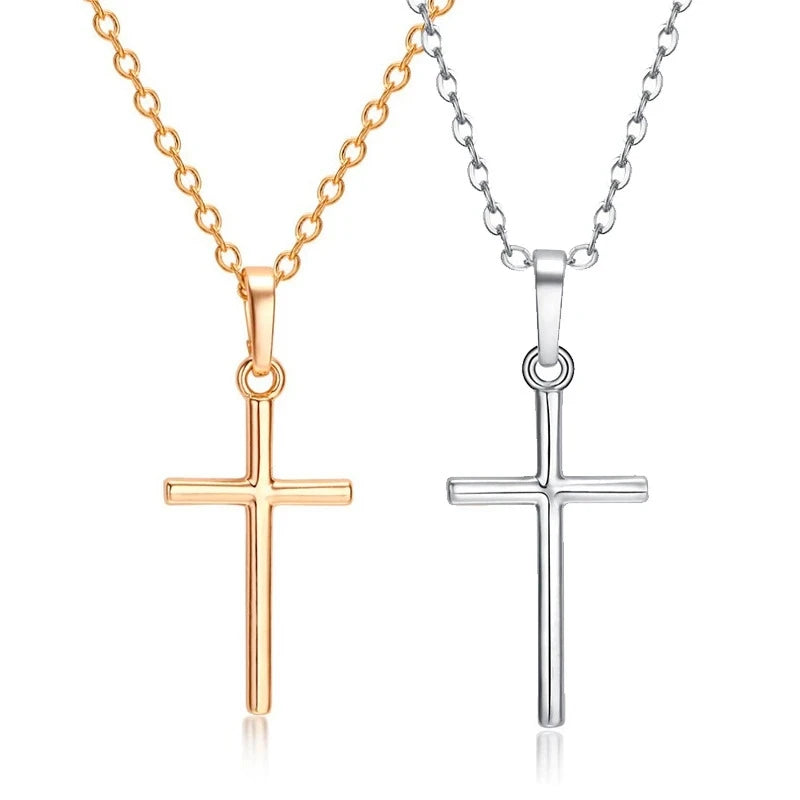 Fashion Christian Jesus Cross Necklaces Silver Color Long Chain Simple Pendants For Women Men Jewelry Gifts