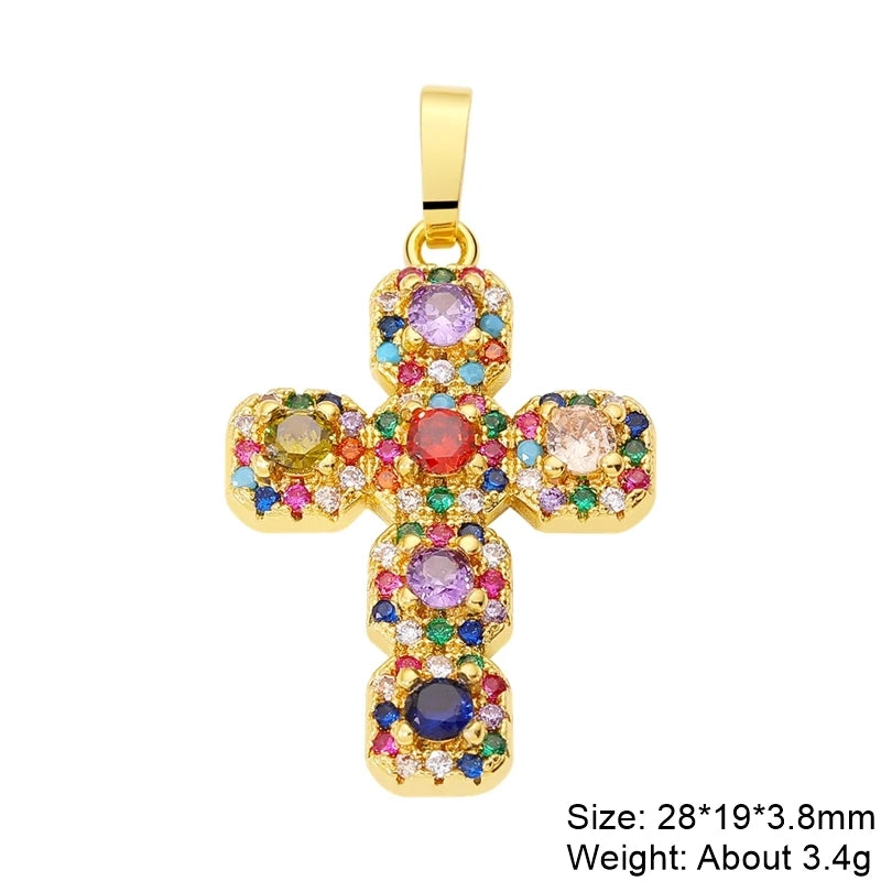 18K Real Gold Plated Enamel Cubic Zirconia Christian Cross Charms For DIY Religious Christmas Pendant Rosary Jewelry Making