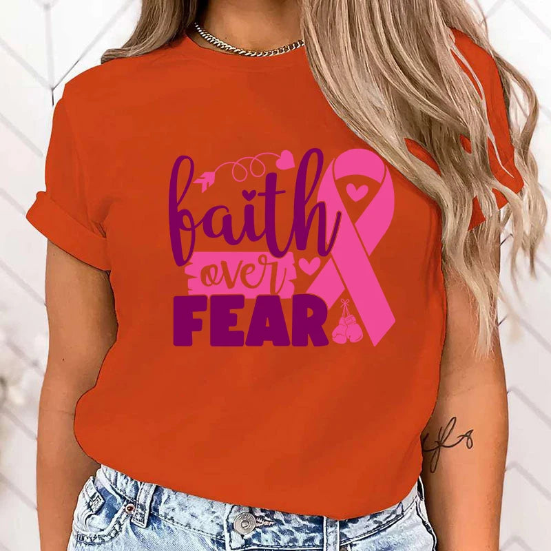 Hot Breast Cancer Awareness Faith Over Fear Graphic T Shirt Women'S Fashion T-Shirts Short Sleeve Shirts