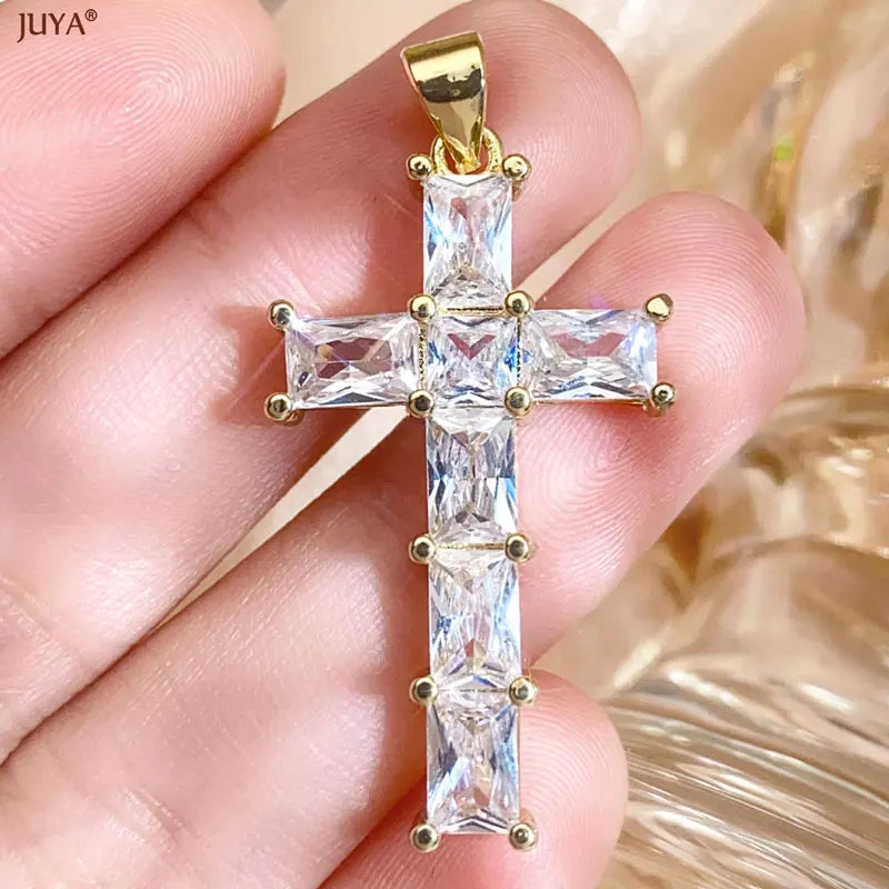 Luxury Natural Zircon Cross Talisman Charms 18k Gold Plated Pendants For Women Necklaces DIY Jewelry Making Accessories