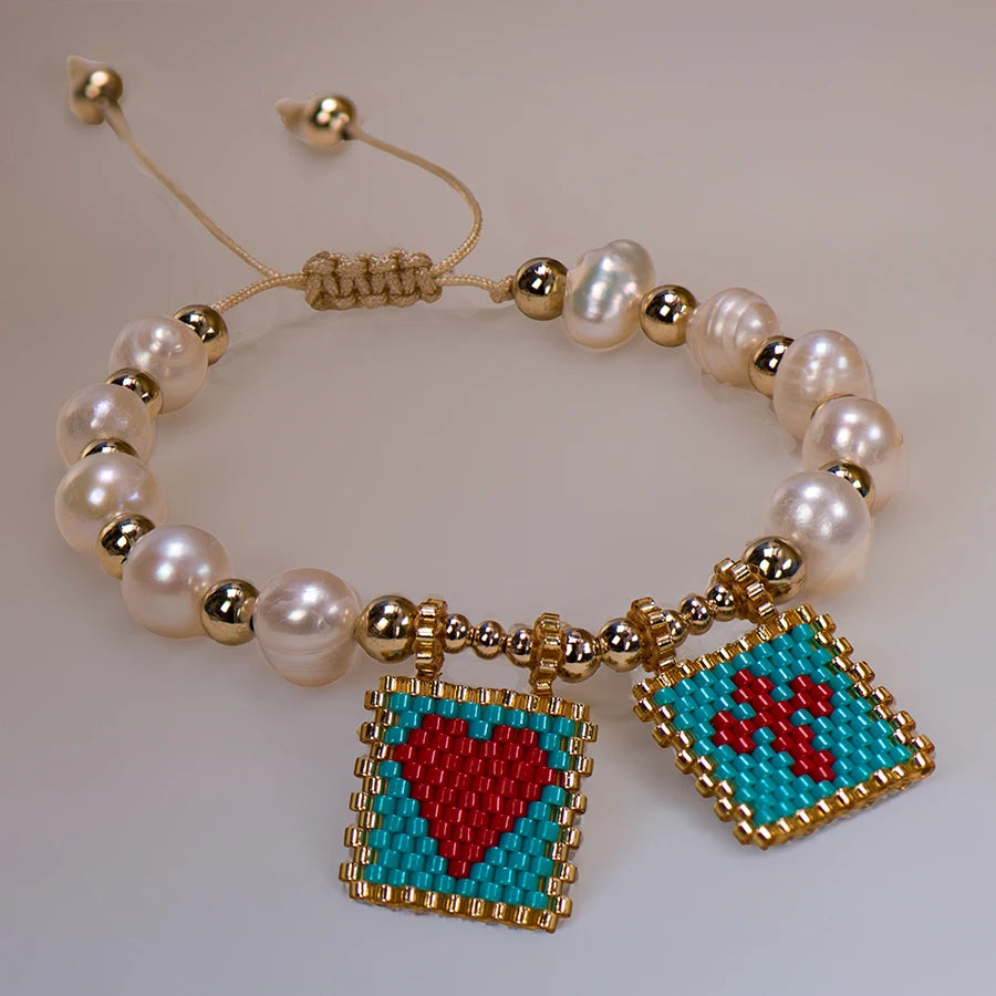 Woven Pearl Cross Heart Bracelet Beaded Miyuki Boho Christian Religious Charm Jewelry Womens 2025 um Fashion Love Blessing Gift