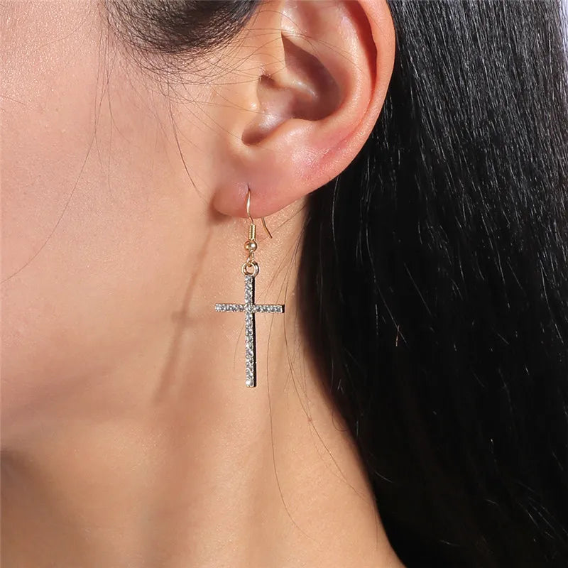 Fashion Zircon Crystal Cross Earrings for Women Men Gothic Punk Hip Hop Jesus Crucifix Dangle Earring Christian Party Jewelry