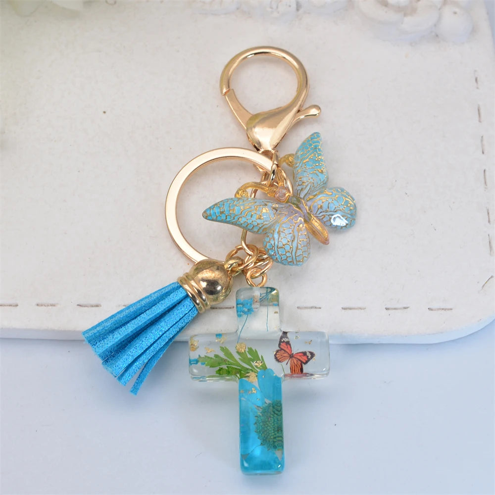 Colorful Sequin Filled Resin Cross Keychain Exquisite Butterfly Pendant Keyring for Women Handbag Accessories Christianity Gift