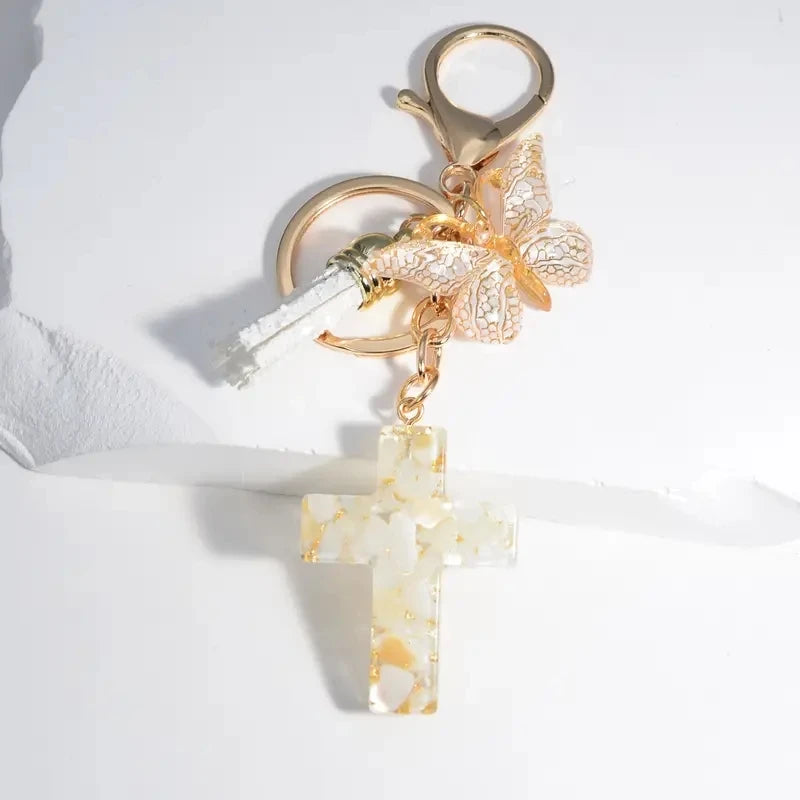 Cross Butterfly Keychain Christian Cute Resin Key Chain Ring Purse Bag Backpack Charm Car Ornament Earbud Case Accessories Gift