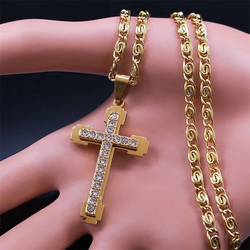 Cross Chain Necklace Pendant Stainless Steel Luxury Zircon Jewelry Neck Accessories Christian