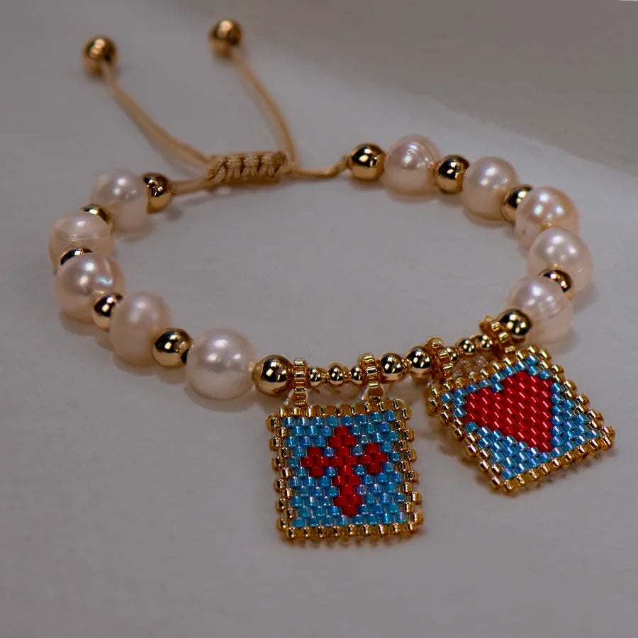 Woven Pearl Cross Heart Bracelet Beaded Miyuki Boho Christian Religious Charm Jewelry Womens 2025 um Fashion Love Blessing Gift