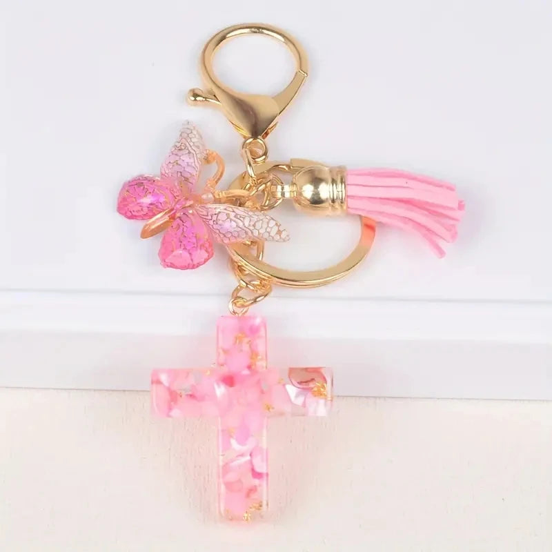 Cross Butterfly Keychain Christian Cute Resin Key Chain Ring Purse Bag Backpack Charm Car Ornament Earbud Case Accessories Gift