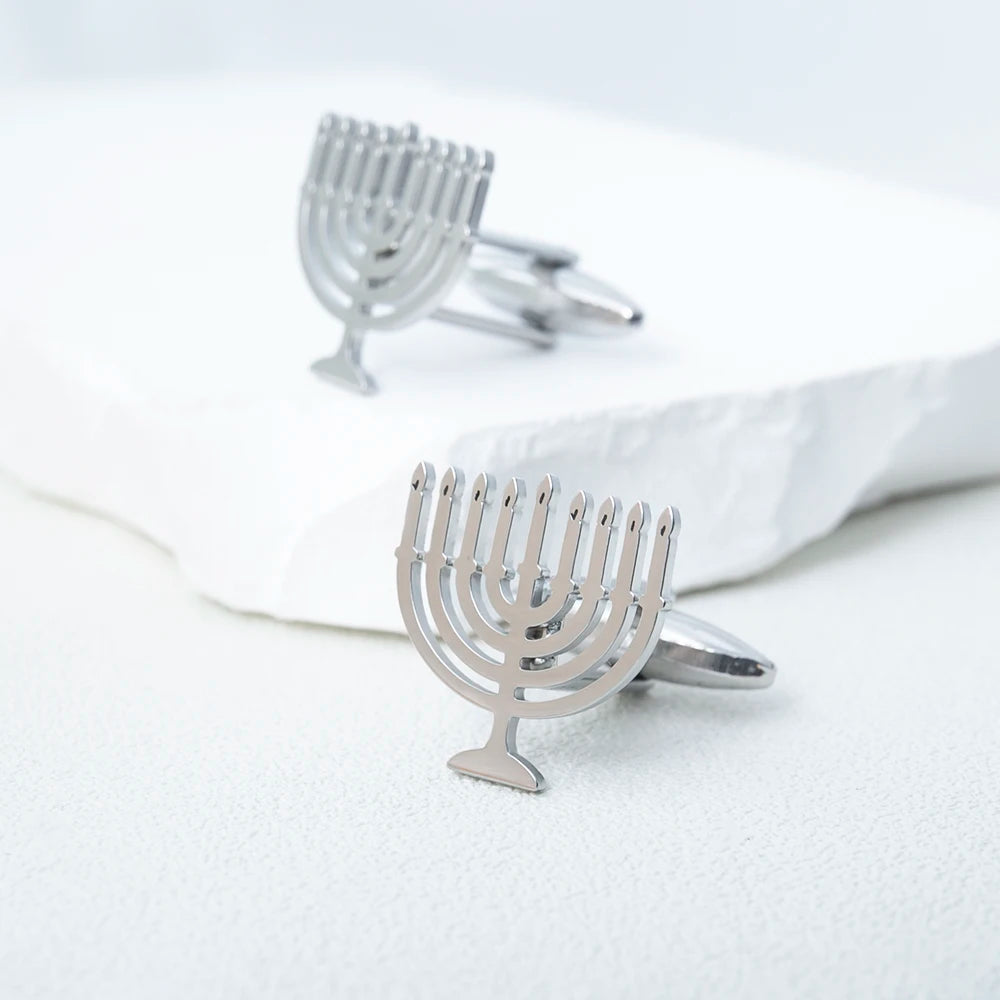 Jewish Menorah Cufflinks for Mens Stainless Steel Shirt Suit Buttons Cufflinks God Shabbat Wedding Accessories Religious Jewelry