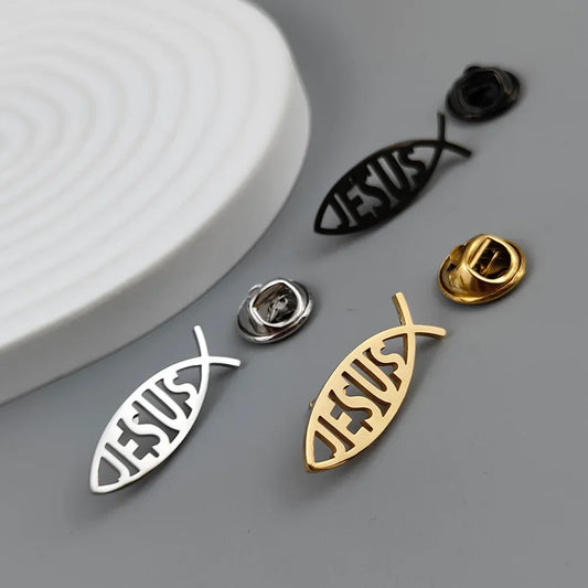 Stainless Steel Jesus Letter Fish Brooch Men's Shirt Suit Badge Pins Fashion Jewelry Accessories Religious Christian Gift