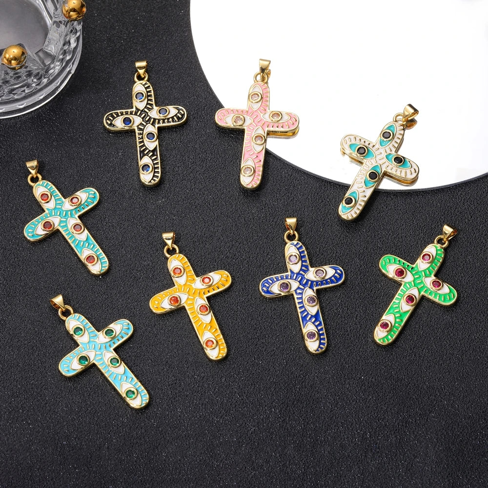 18K Real Gold Plated Enamel Cubic Zirconia Christian Cross Charms For DIY Religious Christmas Pendant Rosary Jewelry Making