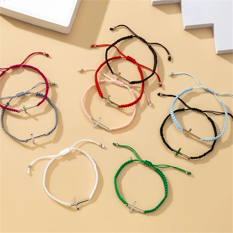 Simple Cross Black White Braided Rope Couple Bracelets Silver Color Adjustable Bracelet Christian Jewelry