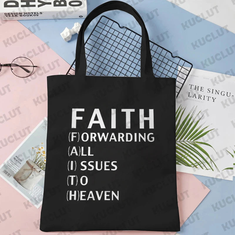 Faith Print Shopping Bag Tote Handbag Shopper Recycle Bag Reusable Tote Jesus Fashion Casual Handbag Purse Travel Beach Totes