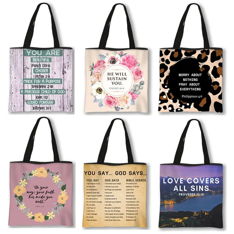 Christian Bible Verse Print Handbag God He Will Sustain You Lady Shopping Fashion Shoulder Bag Girl Travel Tote Bag Gift