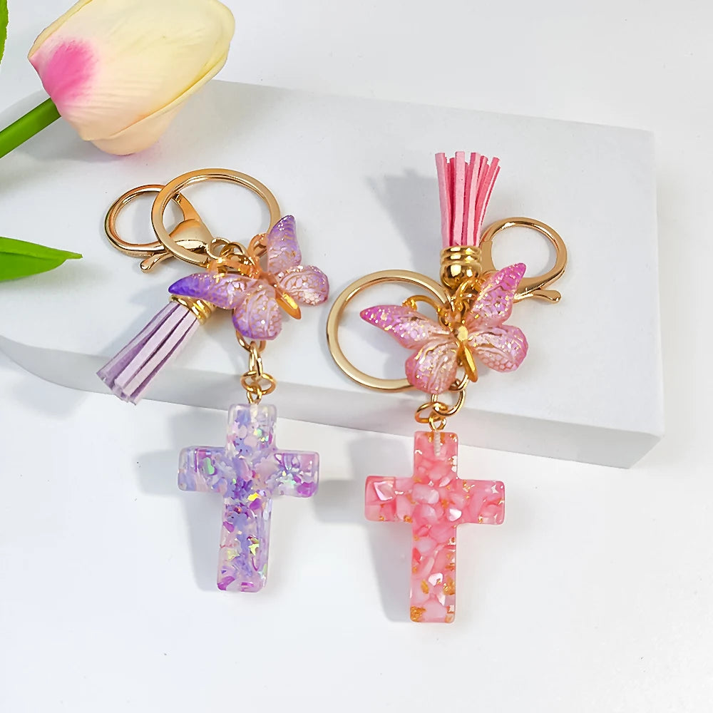 Colorful Sequin Filled Resin Cross Keychain Exquisite Butterfly Pendant Keyring for Women Handbag Accessories Christianity Gift
