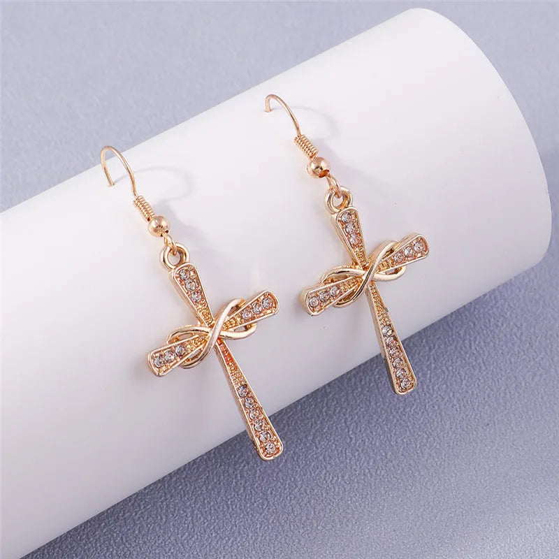 Fashion Zircon Crystal Cross Earrings for Women Men Gothic Punk Hip Hop Jesus Crucifix Dangle Earring Christian Party Jewelry