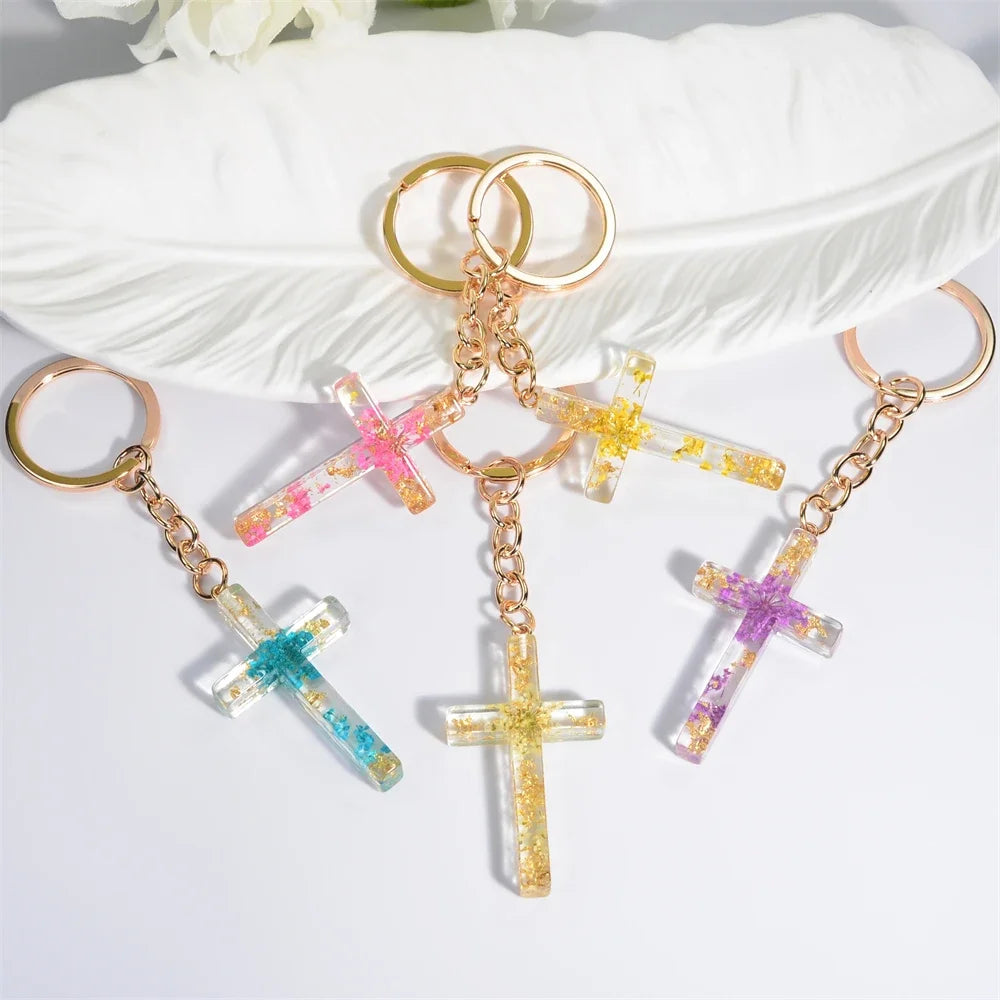Fashion Multicolor Acrylic Cross Keychain Dry Flower Star Fill Resin Keyring for Women Men Car Bag Phone Pendant Christian Gifts