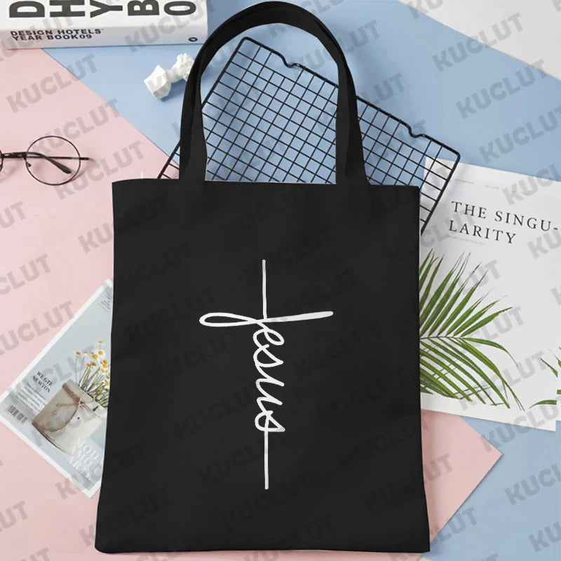 Faith Print Shopping Bag Tote Handbag Shopper Recycle Bag Reusable Tote Jesus Fashion Casual Handbag Purse Travel Beach Totes
