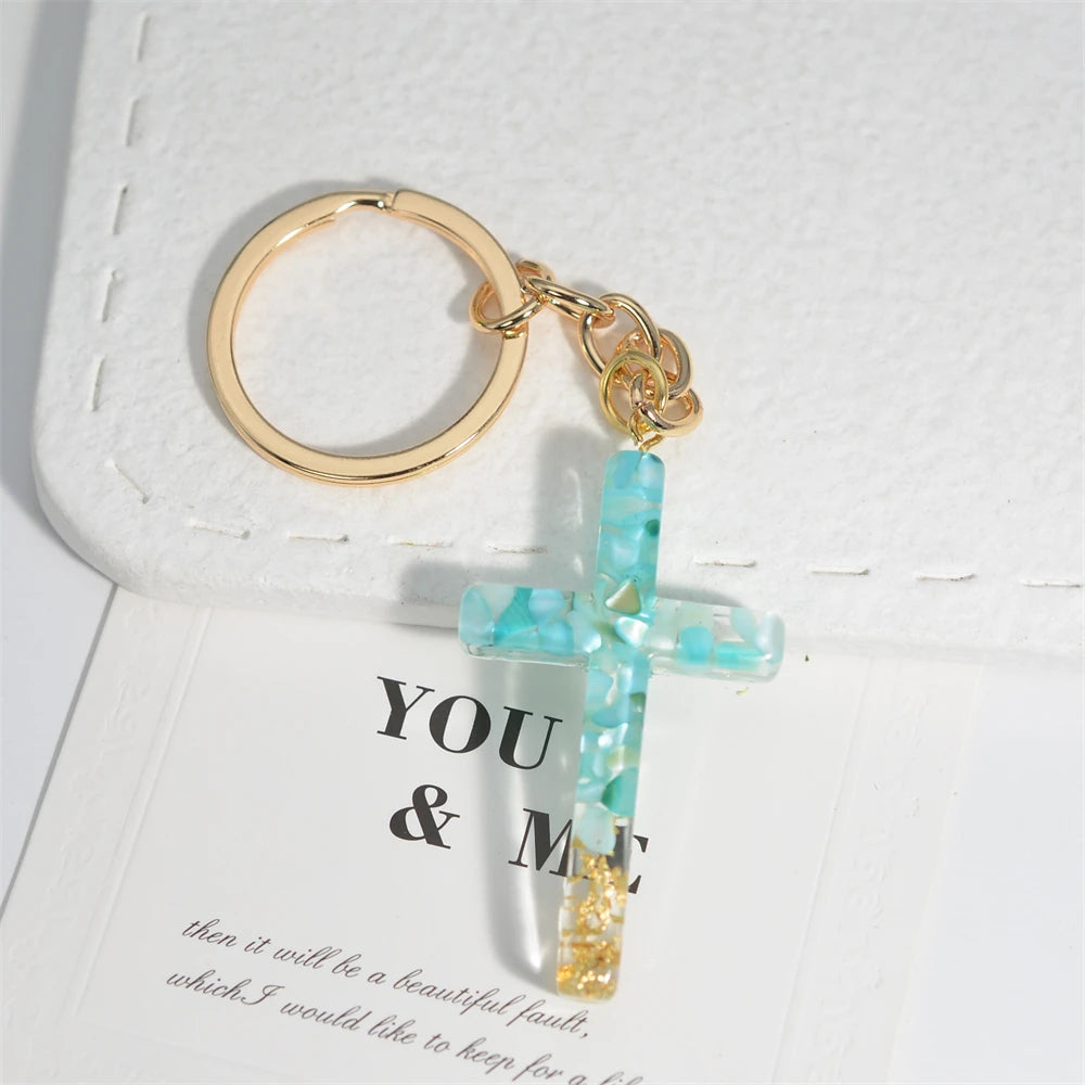 Colorful Sequin Filled Resin Cross Keychain Exquisite Butterfly Pendant Keyring for Women Handbag Accessories Christianity Gift