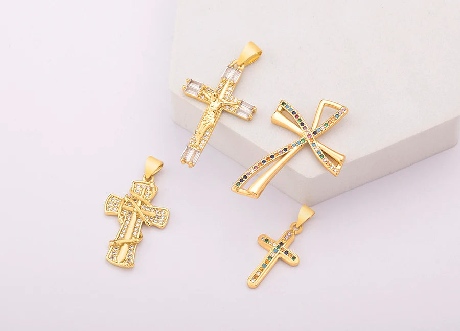 New Retro Christian Jesus Cross Pendant DIY Necklace For Women Copper Shiny Zircon Charms Jewelry Making Supplies Accessories