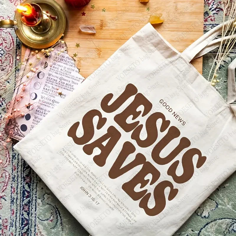 Good News Jesus Saves Pattern Canvas Shoulder Tote Bags Casual Shopping Tote Christ Religion Christian Faith Shopper HandBag