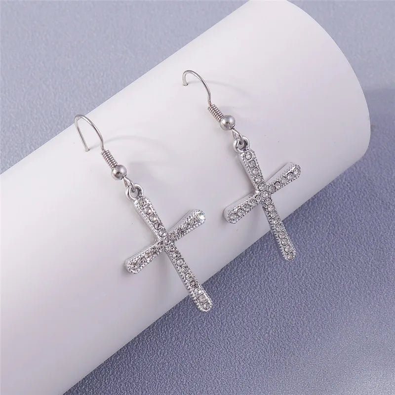 Fashion Zircon Crystal Cross Earrings for Women Men Gothic Punk Hip Hop Jesus Crucifix Dangle Earring Christian Party Jewelry