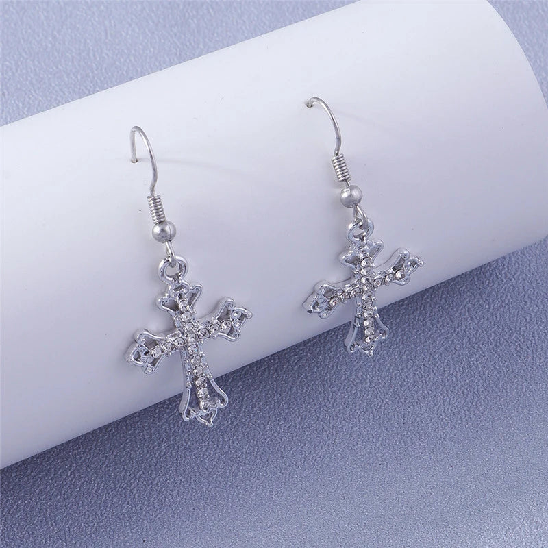 Fashion Zircon Crystal Cross Earrings for Women Men Gothic Punk Hip Hop Jesus Crucifix Dangle Earring Christian Party Jewelry