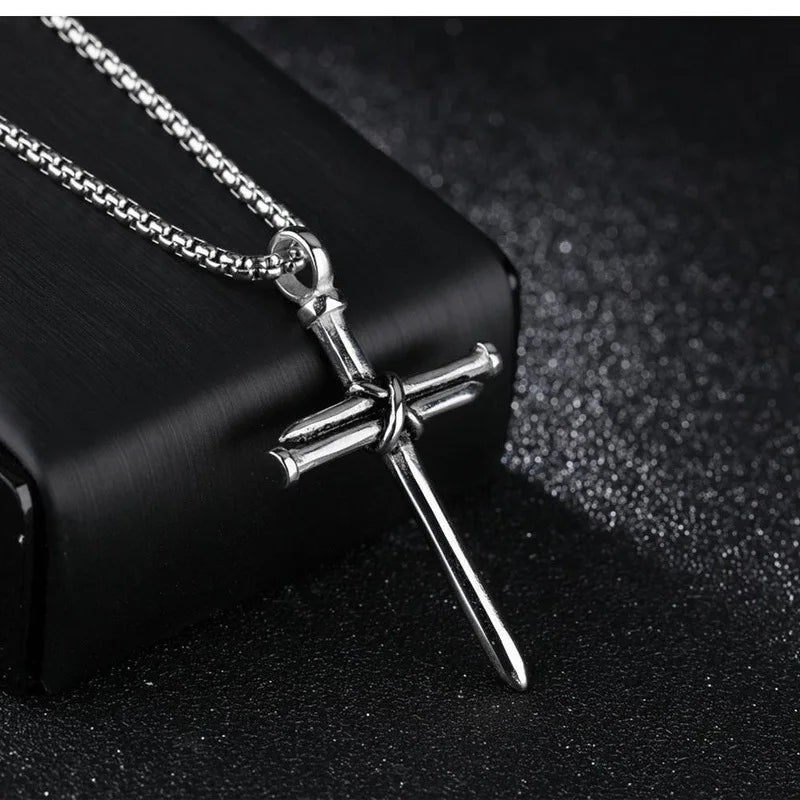 Mens Jewellery Black Stainless Steel Necklace Men Nail Cross Pendant Chain Necklace Christian Church Accessories Collar