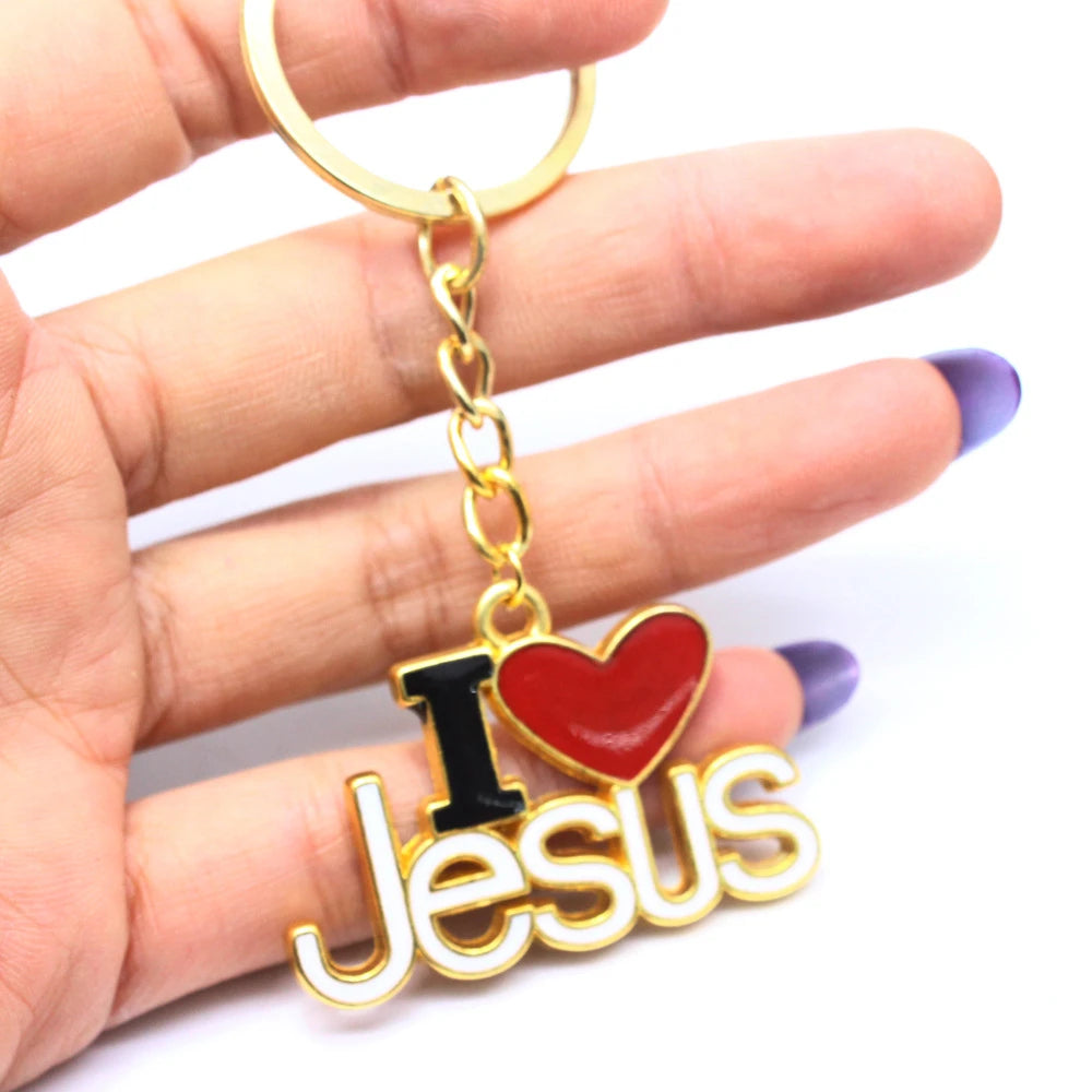 Creative "I Love Jesus "Letter Metal Keychain Charms Christian Religious Jesus Fish Sign Car Keyring Pendant Bag Ornaments